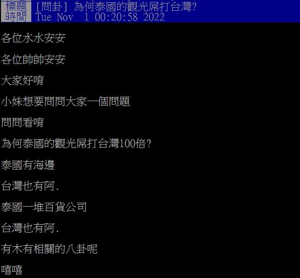 網友好奇為何台灣的觀光遠趕不上泰國。（圖／翻攝自PTT）
