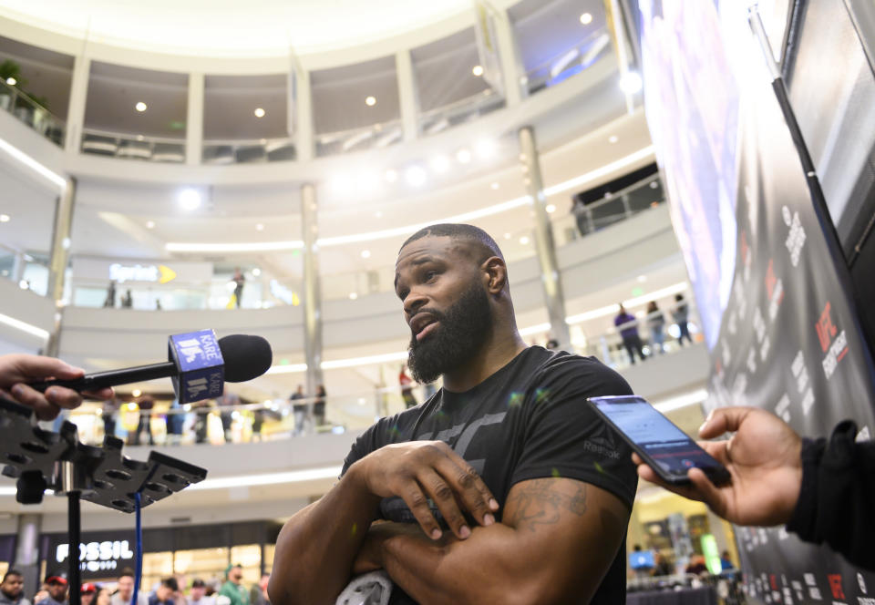 MINNEAPOLIS, MN - MAY 02: Tyron Woodley answers questions from media members during the UFC Fight Night Open Workouts event at the Mall of America on May 2, 2019 in Minneapolis, Minnesota. (Photo by Stephen Maturen/Zuffa LLC/Zuffa LLC)