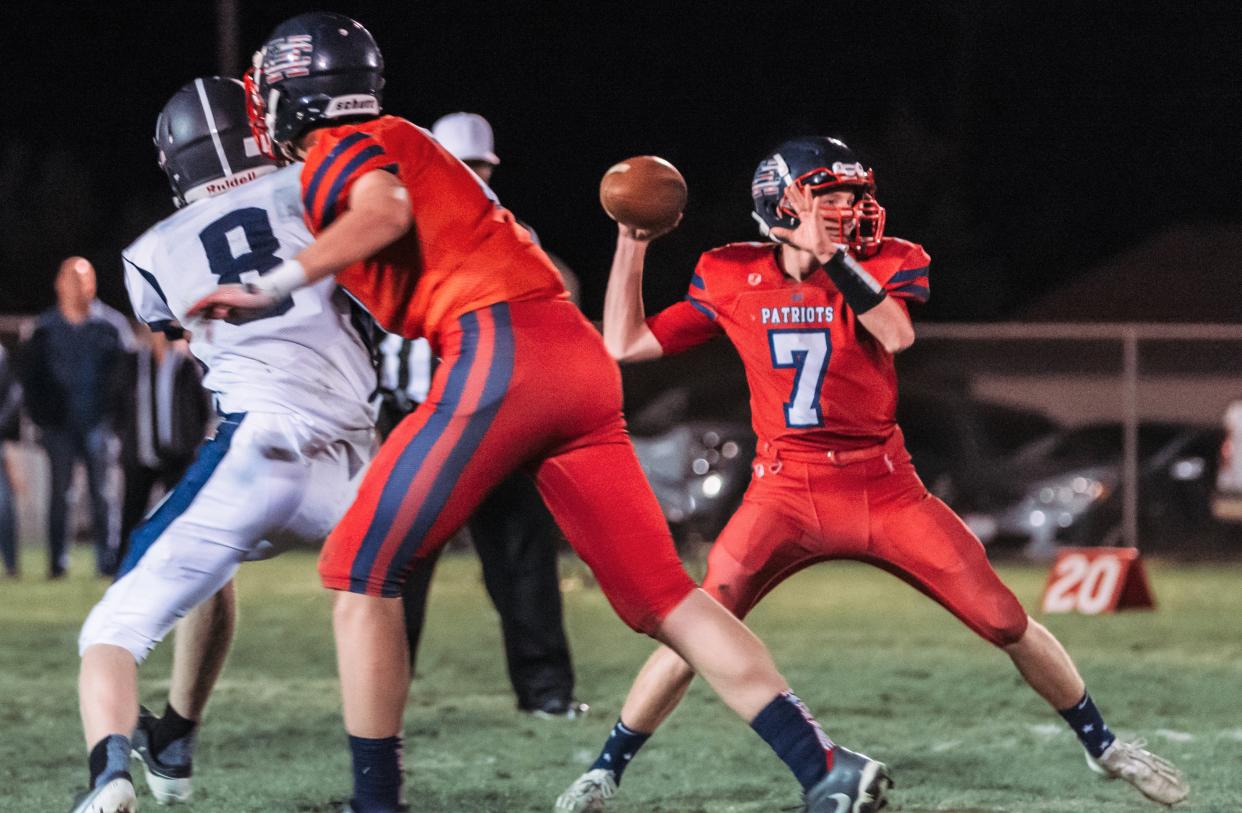 Hesperia Christian quarterback Jared Bragg throws a pass during a playoff game against Laguna Blanca earlier this month.