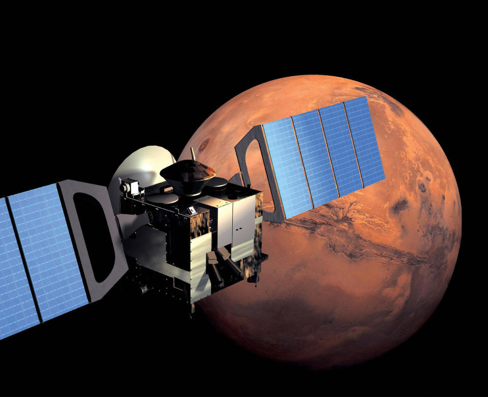 Illustration released by the European Space Agency shows Mars Express in orbit around the red planet. Mars Express was launched by a Soyuz spacecraft on June 2, 2003. / Credit: AFP via Getty Images