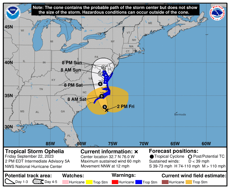 Tropical Storm Ophelia is forecast to affect millions along the East Coast of the U.S.