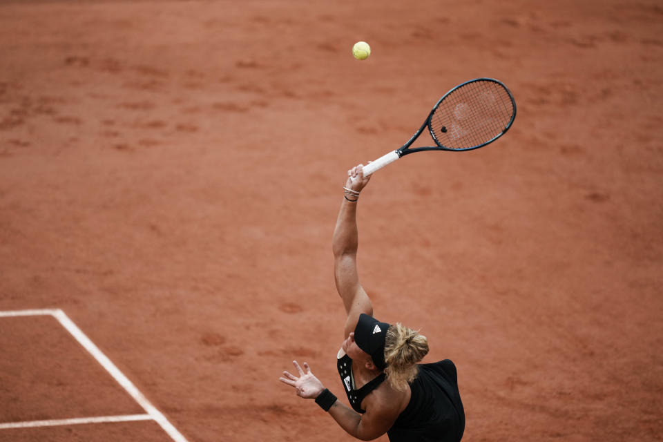 France's Leolia Jeanjean serves against Karolina Pliskova of the Czech Republic during their second round match at the French Open tennis tournament in Roland Garros stadium in Paris, France, Thursday, May 26, 2022. (AP Photo/Thibault Camus)