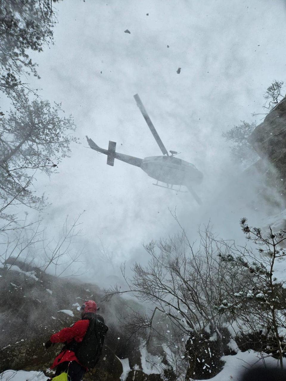 A Kentucky State Police helicopter was used to rescue four college students stranded on Courthouse Rock in the Red River Gorge on Jan. 15, 2024. Powell County Search & Rescue