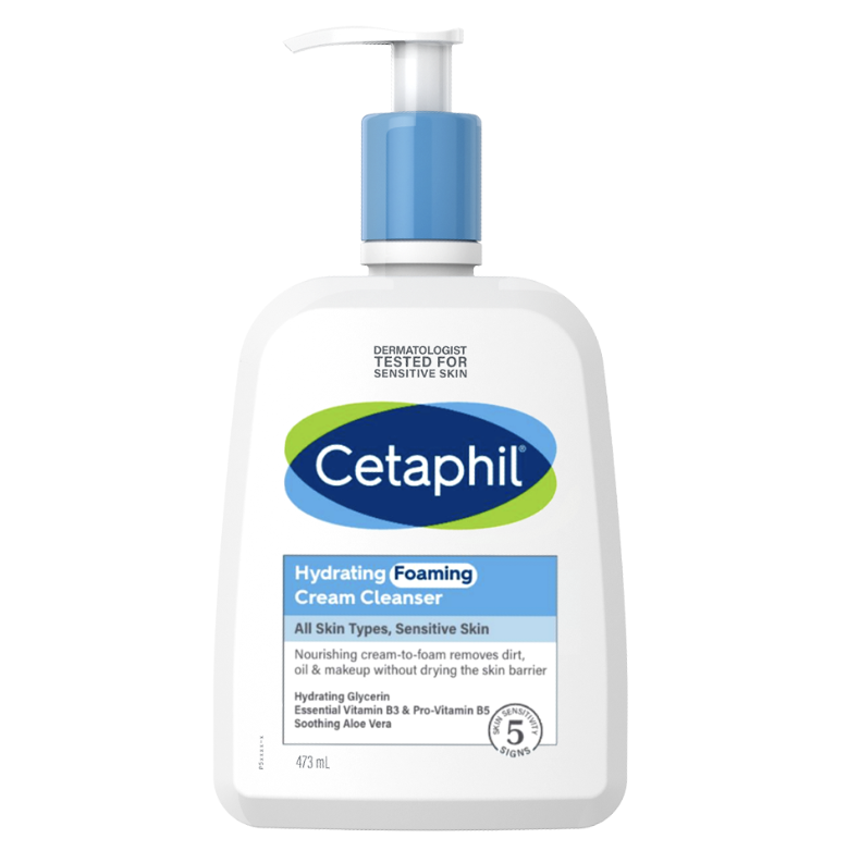 Cetaphil Hydrating Foaming Cream Cleanser in white and blue