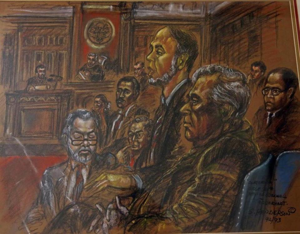 A courtroom sketch of one of the Court Broom federal trials in Miami the early 1990s. The attorneys depicted are Ed O’Donnell and Ed Carhart. The sketch was part of a gallery created by former Miami Judge Diane Ward on the fourth floor of Miami-Dade’s criminal courthouse.