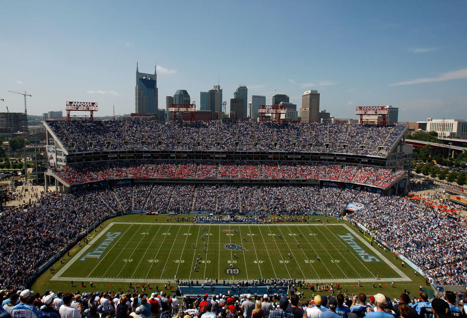 A fan was taken to the hospital on Sunday after falling through netting at Nissan Stadium during the Tennessee Titans’ 34-10 win against the New England Patriots. (Getty Images)