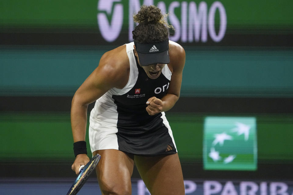 Mayar Sherif, of Egypt, celebrates winning a point against Sloane Stephens, of the United States, at the BNP Paribas Open tennis tournament, Thursday, March 7, 2024, in Indian Wells, Calif. (AP Photo/Mark J. Terrill)