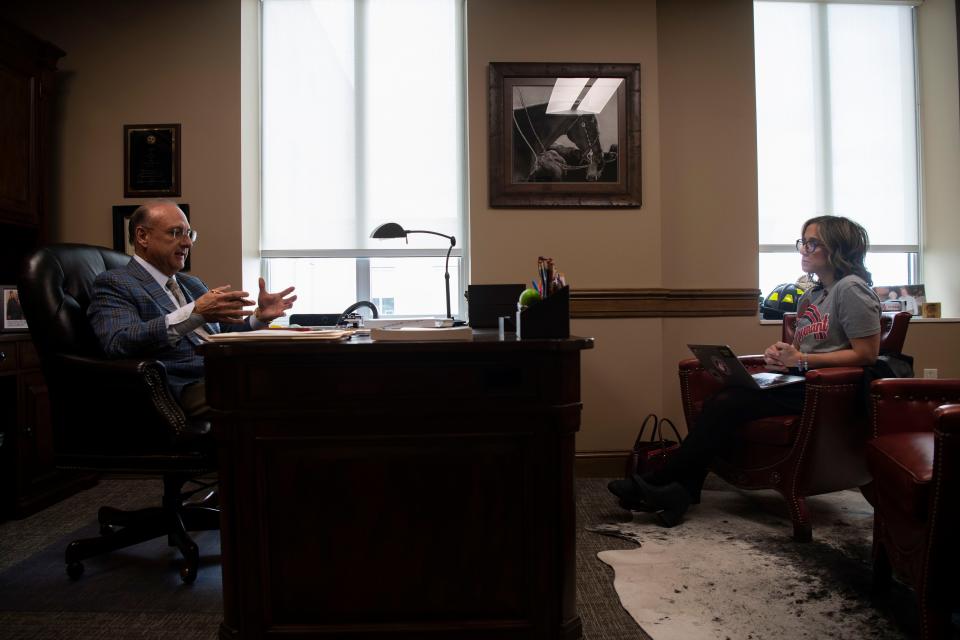 Sen. Paul Bailey R- Sparta, and Covenant parent, Sarah Shoop Neumann, talk on April 4, 2024, at the Cordell Hull State Office Building in Nashville. The two were discussing Neumann's concerns over several bills gun legislation, including one permitting teachers to carry firearms in schools.