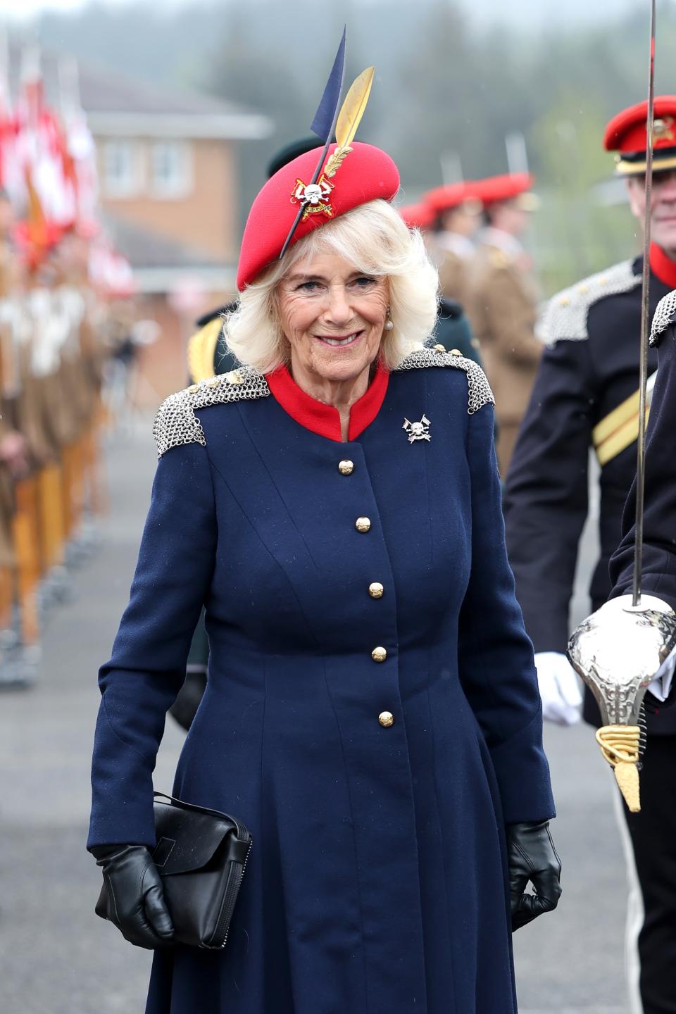 Queen Camilla during a visit to The Royal Lancers on April 22 in Catterick, England.