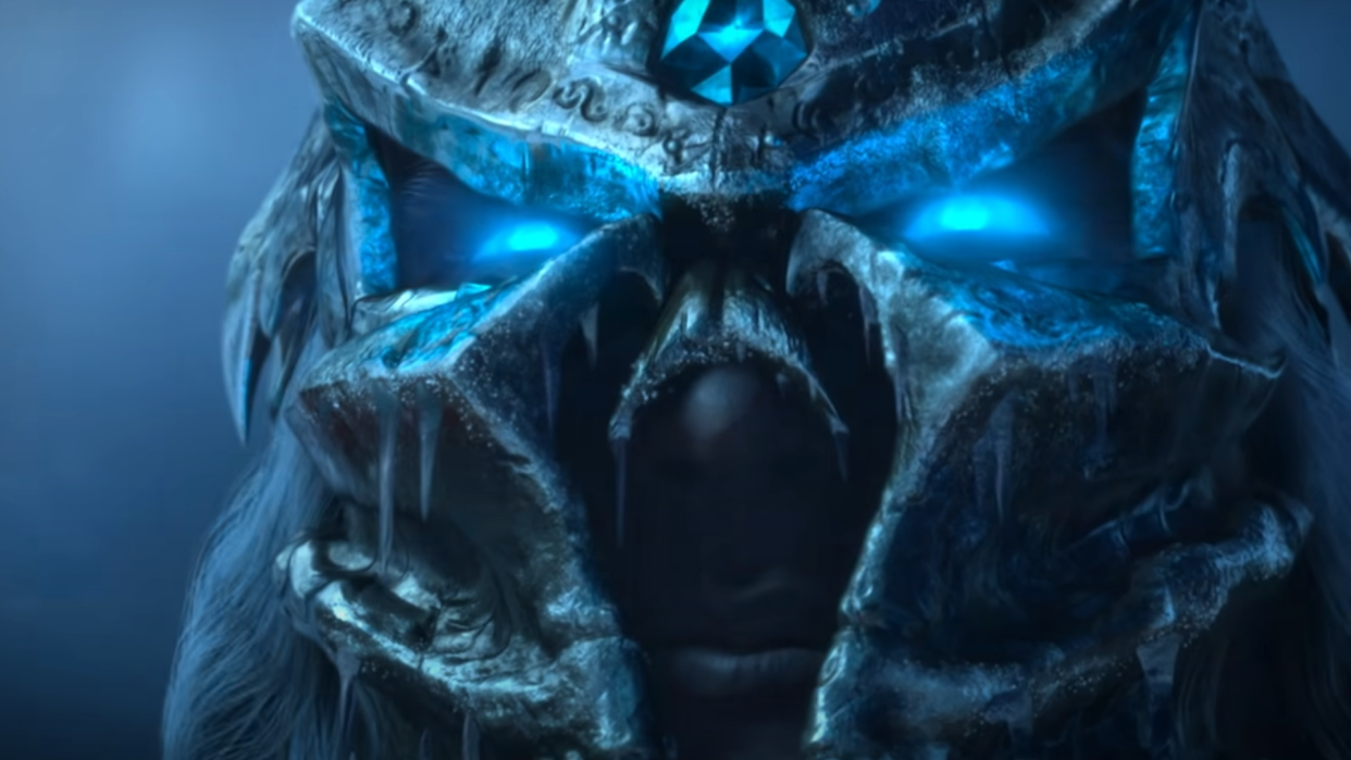  Arthas, from Wrath of the Lich King: Classic, stares through his unholy visor with a smirk on his face. 