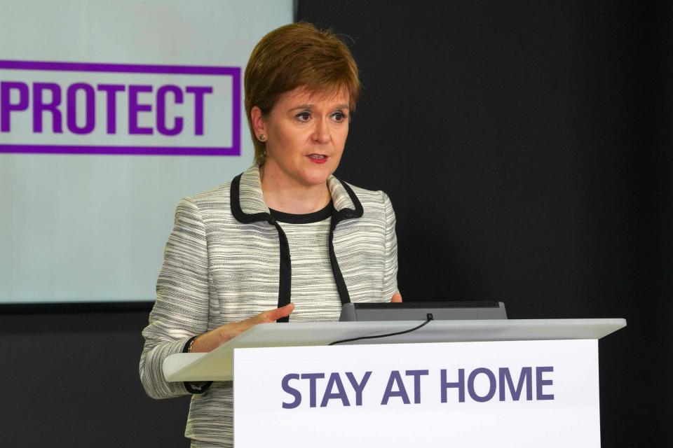 Scotland's First Minister, Nicola Sturgeon speaking by the country's continued "stay at home" slogan: Scottish Government/AFP via Gett