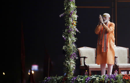 India's Prime Minister Narendra Modi attends a ritual known as "Aarti" during evening prayers on the banks of the river Ganges, after his roadshow in Varanasi, India, April 25, 2019. REUTERS/Adnan Abidi