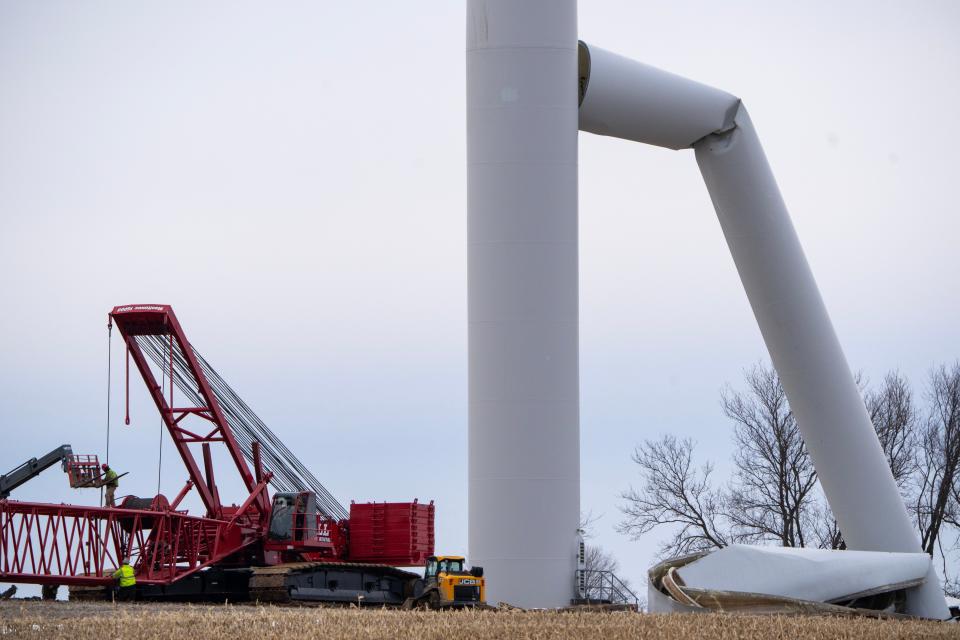 The wreckage of a wind turbine turbine is shown Tuesday, February 21, 2023 in the Butler Ridge find farm in eastern Dodge County in Herman, Wis. Before its collapse in late January, the turbine stood about 400 feet above the ground, according to the National Weather Service. NextEra Energy Resources owns the turbine. The company said in statement that it believe that “this was an isolated incident as turbine malfunctions are rare."