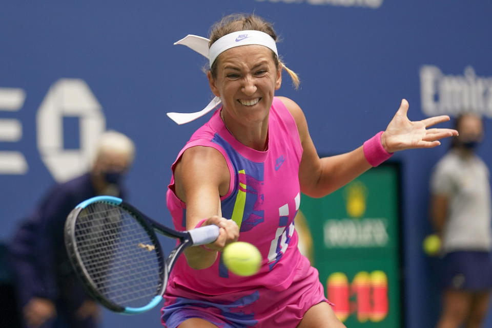 Victoria Azarenka, of Belarus, returns a shot to Naomi Osaka, of Japan, during the women's singles final of the US Open tennis championships, Saturday, Sept. 12, 2020, in New York. (AP Photo/Seth Wenig)