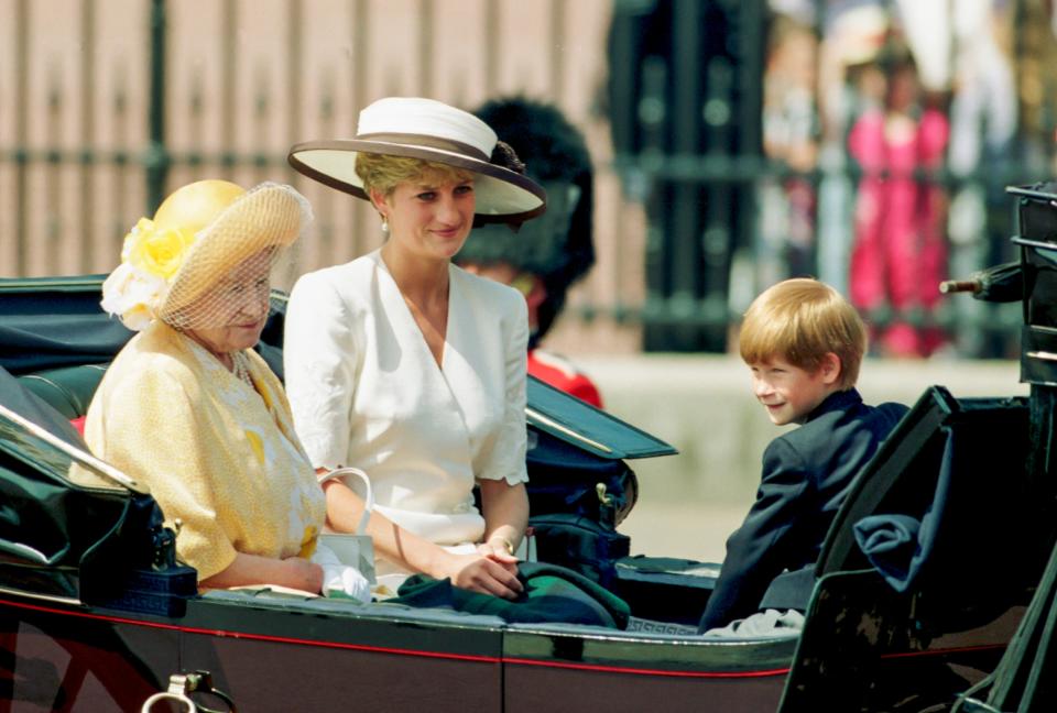 LONDON, ENGLAND - JUNE 13: Diana, Princess of Wales, Queen Elizabeth, The Queen Mother, and Prince Harry, attend the Trooping The Colour Ceremony on June 13, 1992 in London, United Kingdom. (Photo by Julian Parker/UK Press via Getty Images)