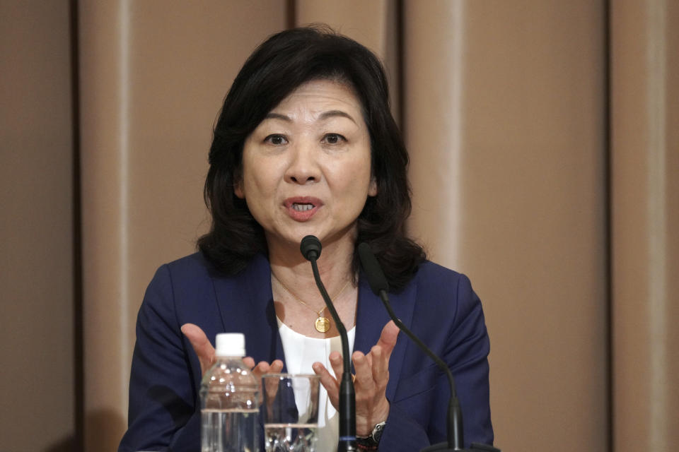 Seiko Noda, former internal affairs minister, one of candidates for the presidential election of the ruling Liberal Democratic Party speaks during a debate session held by Japan National Press club Saturday, Sept. 18, 2021 in Tokyo. The contenders are also Taro Kono, the cabinet minister in charge of vaccinations, Fumio Kishida, former foreign minister, Sanae Takaichi, former internal affairs minister. (AP Photo/Eugene Hoshiko, Pool)