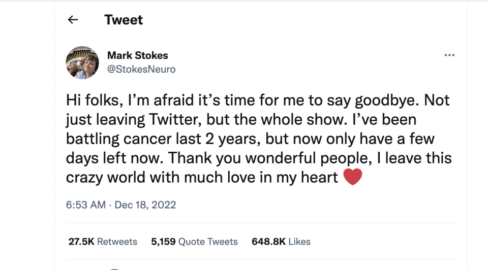 Professor Mark Stokes tweeted that he has only a few days left to live. (Twitter)