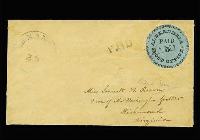 This Alexandria "Blue Boy" stamp was affixed to an 1847 letter conveyed between a courting couple.&nbsp; (Photo: Courtesy H.R. Harmer)