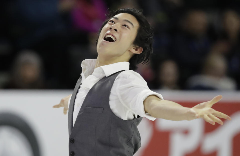FILE - In this Friday, Oct. 19, 2018, file photo, Nathan Chen performs during the men's short program at Skate America, in Everett, Wash. U.S. figure skater Chen will be trying to defend his Grand Prix Final title in Vancouver, British Colombia, beginning Thursday, Dec. 6, 2018. (AP Photo/Ted S. Warren, File)