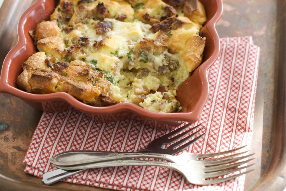 In this image taken on Jan. 7, 2013, Valentine's Day breakfast-in-bed egg strata is shown in Concord, N.H. (AP Photo/Matthew Mead)