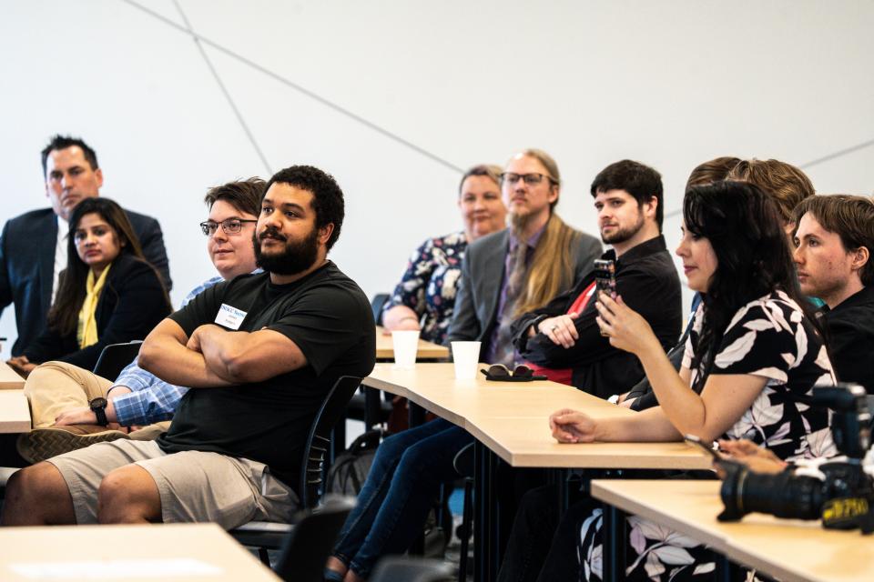 DMACC students listen during a TechWise event on Thursday, April 13, 2023, at DMACC Urban Campus in Des Moines, Iowa. 