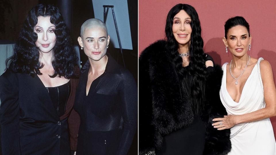 PHOTO: Cher and Demi Moore attend appear together, Oct. 1, 1996 in Los Angeles and again at the amfAR Cannes Gala, May 23, 2024, in Cap d'Antibes, France. (Getty Images)