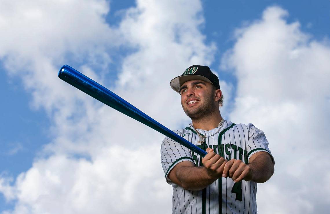 Dade Baseball Player of the Year Sal Stewart, from Westminster Christian School, is photographed at A.D. Barnes Park in Miami, Florida on Monday, May 23, 2022.