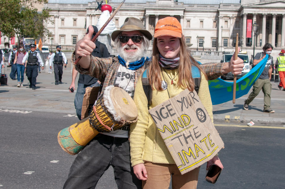 Activists from Extinction Rebellion gather at London's Trafalgar Square ahead of their march to Parliament Square London, on September 01, 2020. (Photo by Robin Pope/NurPhoto via Getty Images)