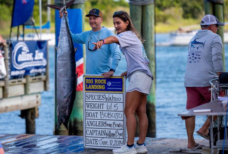 Brian Brady poses with a 61.5-pound wahoo on Wednesday, June 12, 2024 at Big Rock Landing in Morehead City during the 66th Annual Big Rock Blue Marlin Tournament.