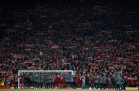 Soccer Football - Champions League Semi Final Second Leg - Liverpool v FC Barcelona - Anfield, Liverpool, Britain - May 7, 2019 Liverpool players and fans celebrate after the match Action Images via Reuters/Carl Recine