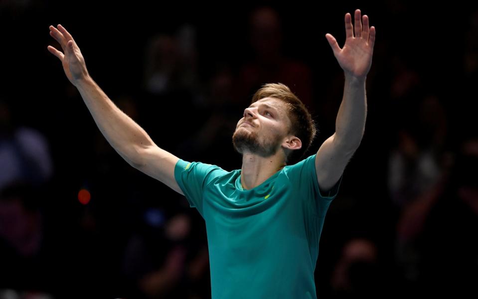 David Goffin celebrates his semi-final win over Roger Federer at the ATP World Tour Finals  - Action Images via Reuters