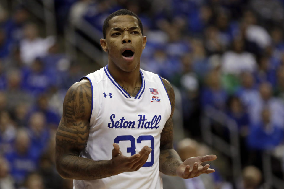 Seton Hall guard Shavar Reynolds reacts after being called for a foul during the first half of an NCAA college basketball game against Michigan State on Thursday, Nov. 14, 2019, in Newark, N.J. (AP Photo/Adam Hunger)