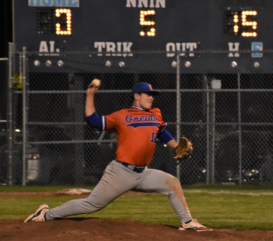 Oneida Indian Gavin Sweet delivers a pitch Thursday during the fifth inning of a Oneida's 16-0 win over Central Valley Academy in Ilion.