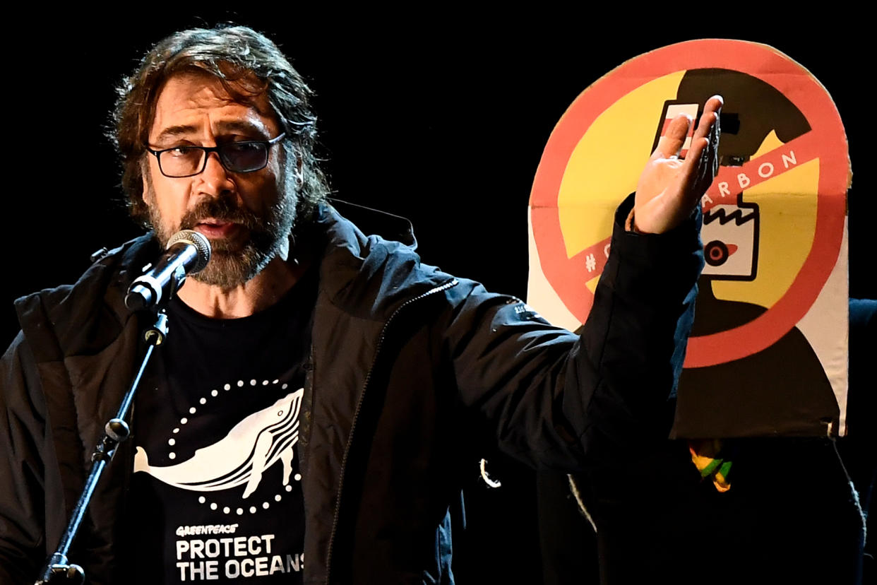 Javier Bardem durante su discurso en Madrid. (PIERRE-PHILIPPE MARCOU/AFP via Getty Images)