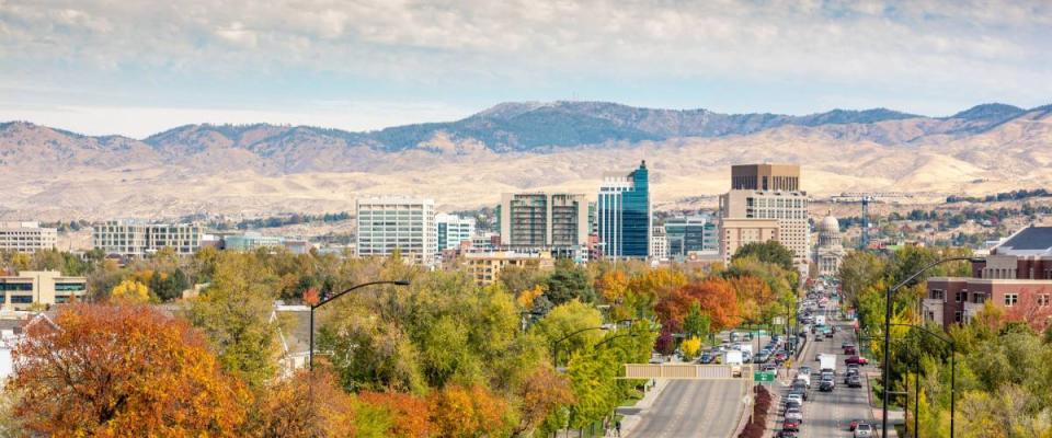 Boise Idaho street leading to the capital building in fall