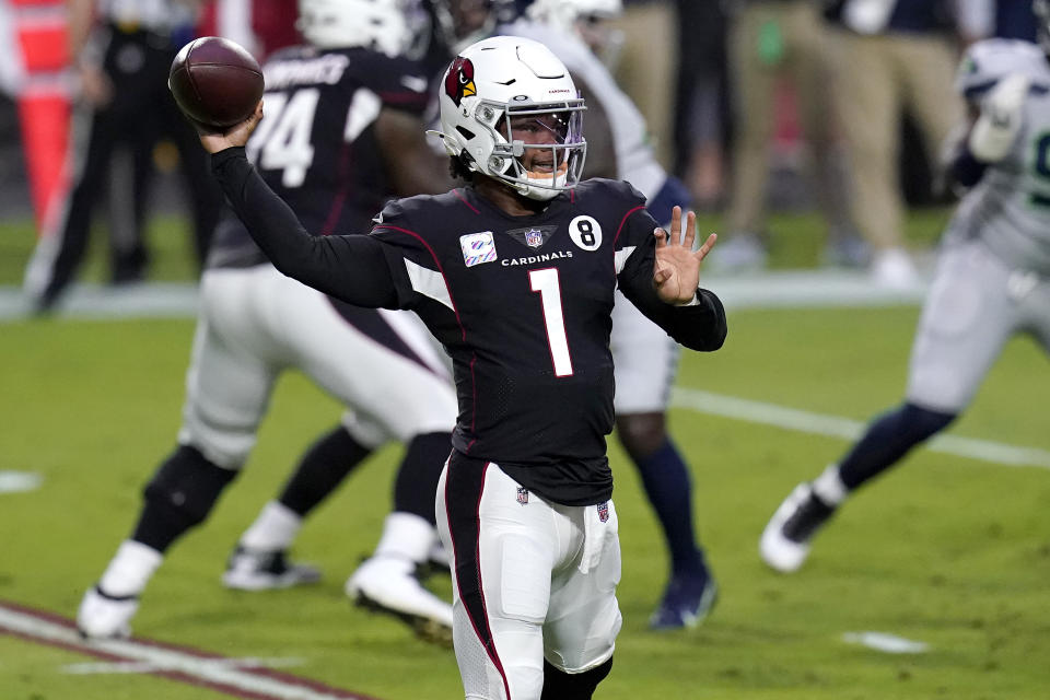 Arizona Cardinals quarterback Kyler Murray (1) looks to pass against the Seattle Seahawks during the first half of an NFL football game, Sunday, Oct. 25, 2020, in Glendale, Ariz. (AP Photo/Ross D. Franklin)