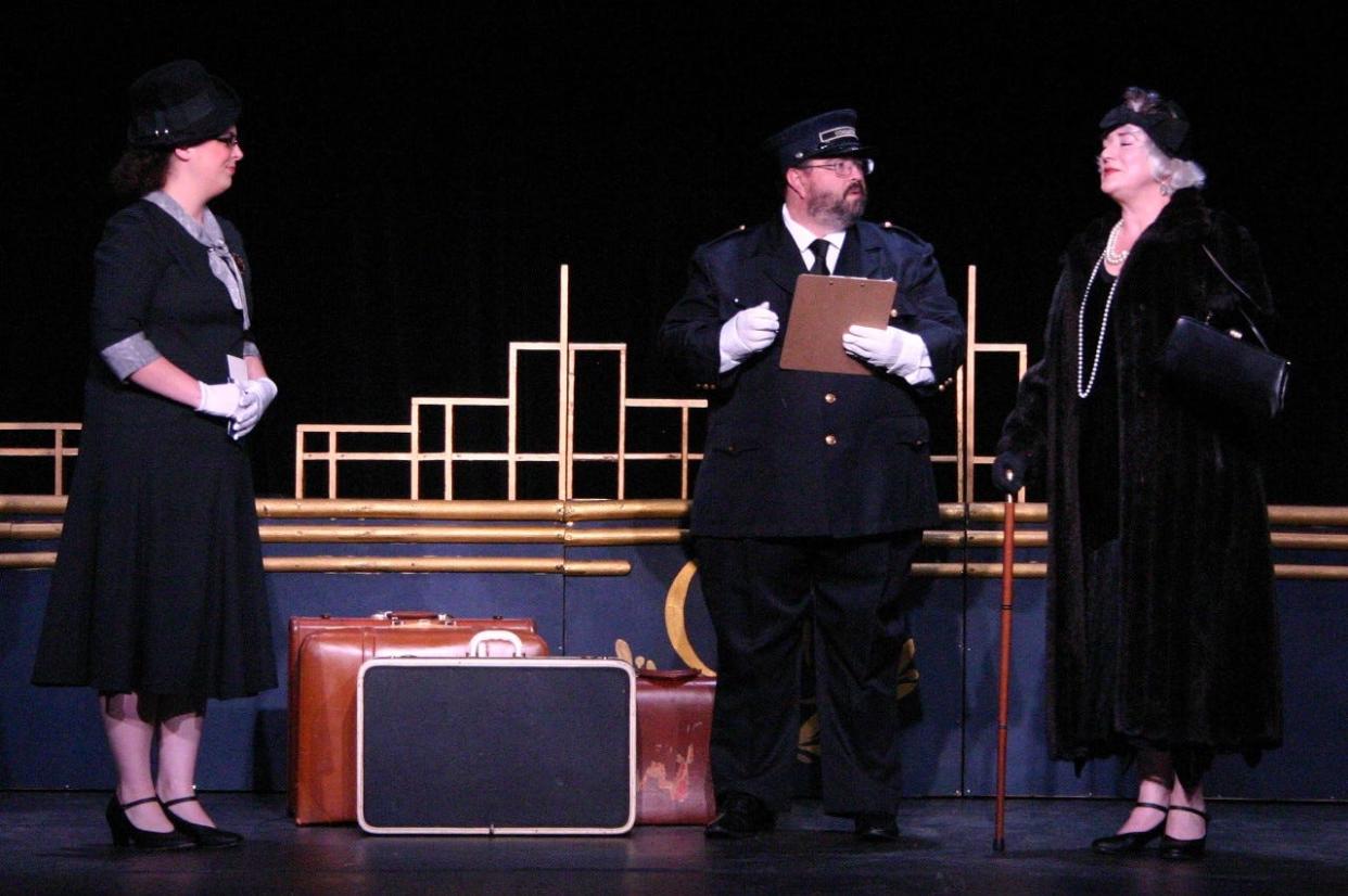 Conductor Michel (Aaron Guest) welcomes Greta Ohlsson (Grace Hambleton) and Princess Dragomiroff (Jennifer Mackie) aboard the Orient Express.