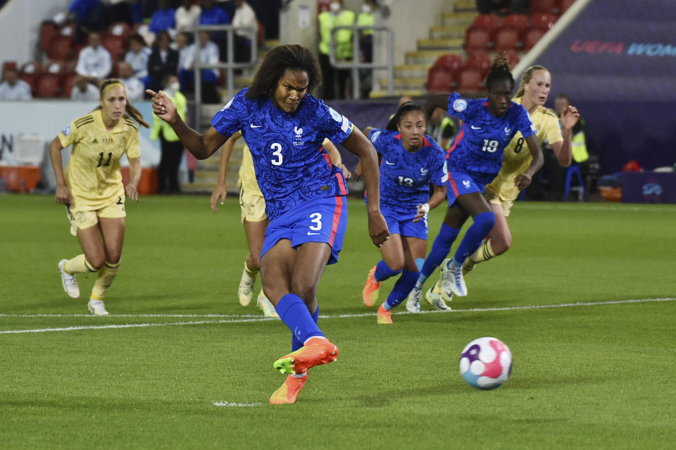 FILE - France's Wendie Renard misses to score a penalty during the Women Euro 2022 group D soccer match between France and Belgium, at the New York Stadium, Rotherham, England, Thursday July 14, 2022. (AP Photo/Rui Vieira, File)