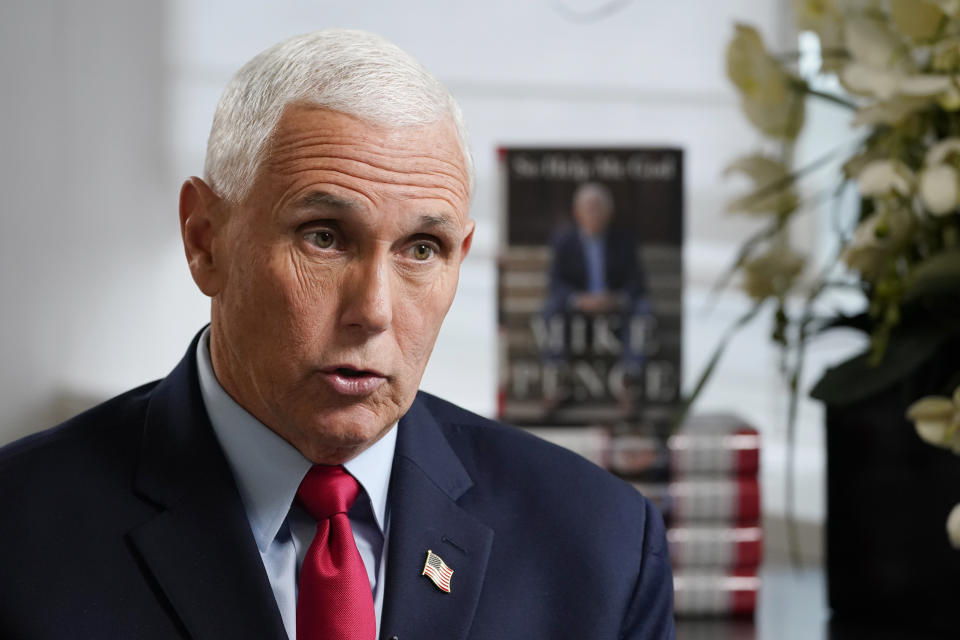 Former Vice President Mike Pence sits for an interview with the Associated Press, Wednesday, Nov. 16, 2022, in New York. (AP Photo/John Minchillo)