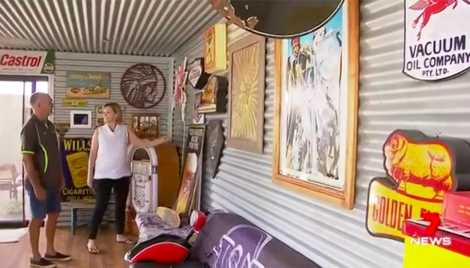 Mr Peeters has been collecting motoring memorabilia for years and has plans to turn an old saw mill into a bar and use the memorabilia as a backdrop. Source: 7News