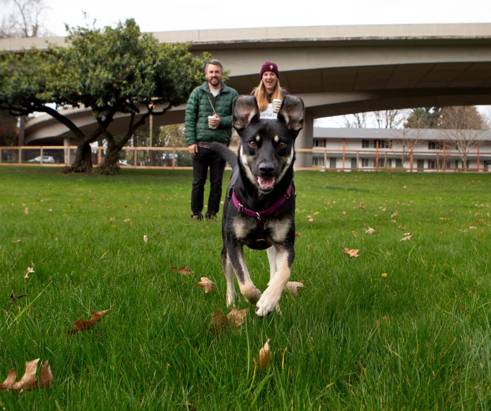 Corey Hurtt and Laura Robertson take their dog Poppy to the opening day of the new Washington Jefferson dog park in Eugene.