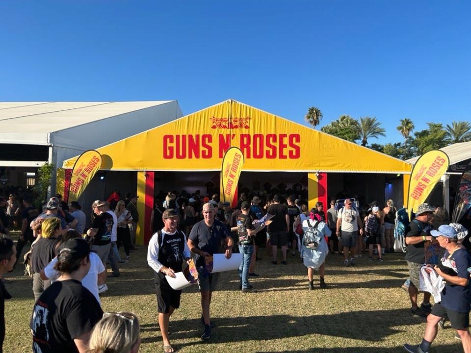 Lines were already spilling out of the main merchandise tent less than 15 minutes into the opening day of the Power Trip music festival on Friday, Oct. 6, 2023 at the Empire Polo Club in Indio, Calif. However, the Guns N' Roses-specific tent had a much shorter line.