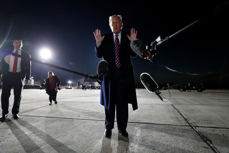 U.S. President Donald Trump reacts following a campaign event at Bemidji after learning of the death of U.S. Supreme Court Justice Ginsburg