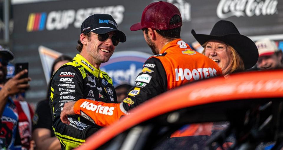 Chase Elliott is congratulated in Texas Victory Lane after winning the NASCAR Cup Series race.