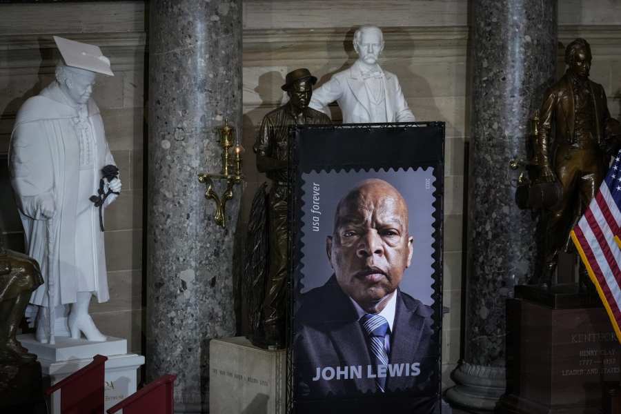A view of the new stamp featuring the late Congressman and civil rights activist John R. Lewis of Georgia, in Statuary Hall at the U.S. Capitol on June 21, 2023 in Washington, D.C. Lewis spent more than 30 years in Congress and passed away in July 2020 from pancreatic cancer. (Photo by Drew Angerer/Getty Images)