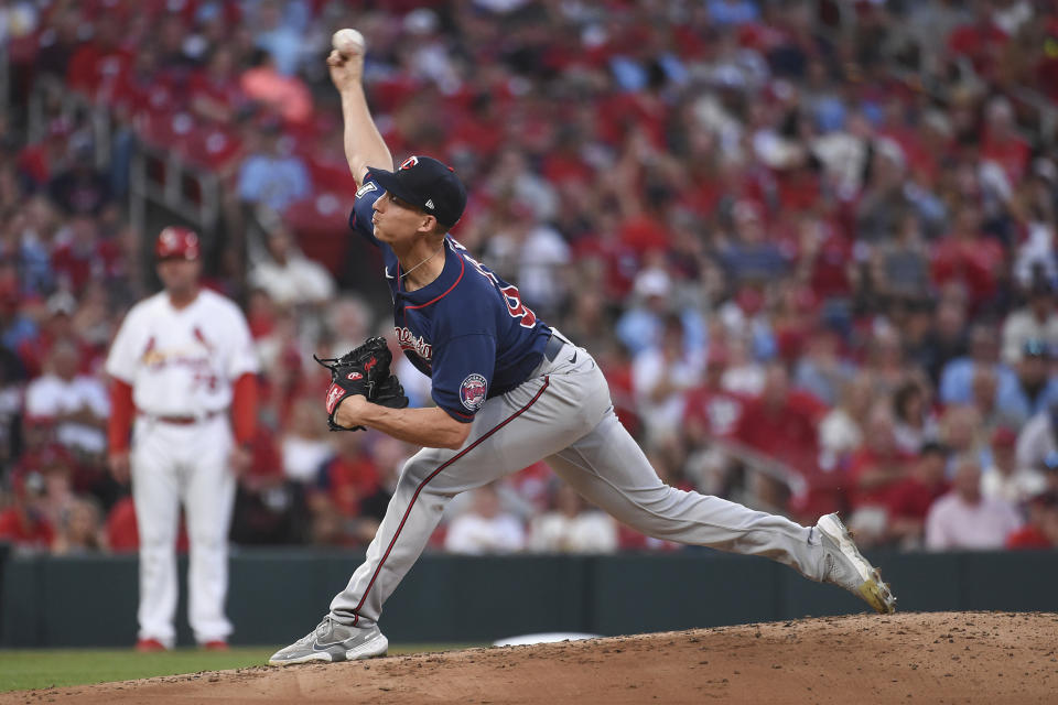 Minnesota Twins starting pitcher Griffin Jax throws during the second inning of the team's baseball game against the St. Louis Cardinals on Friday, July 30, 2021, in St. Louis. (AP Photo/Joe Puetz)