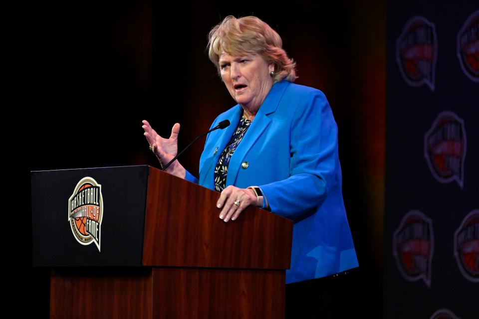 Basketball Hall of Fame Class of 2022 inductee Theresa Shank-Grentz speaks at a news conference at Mohegan Sun, Friday, Sept. 9, 2022, in Uncasville, Conn. (AP Photo/Jessica Hill)
