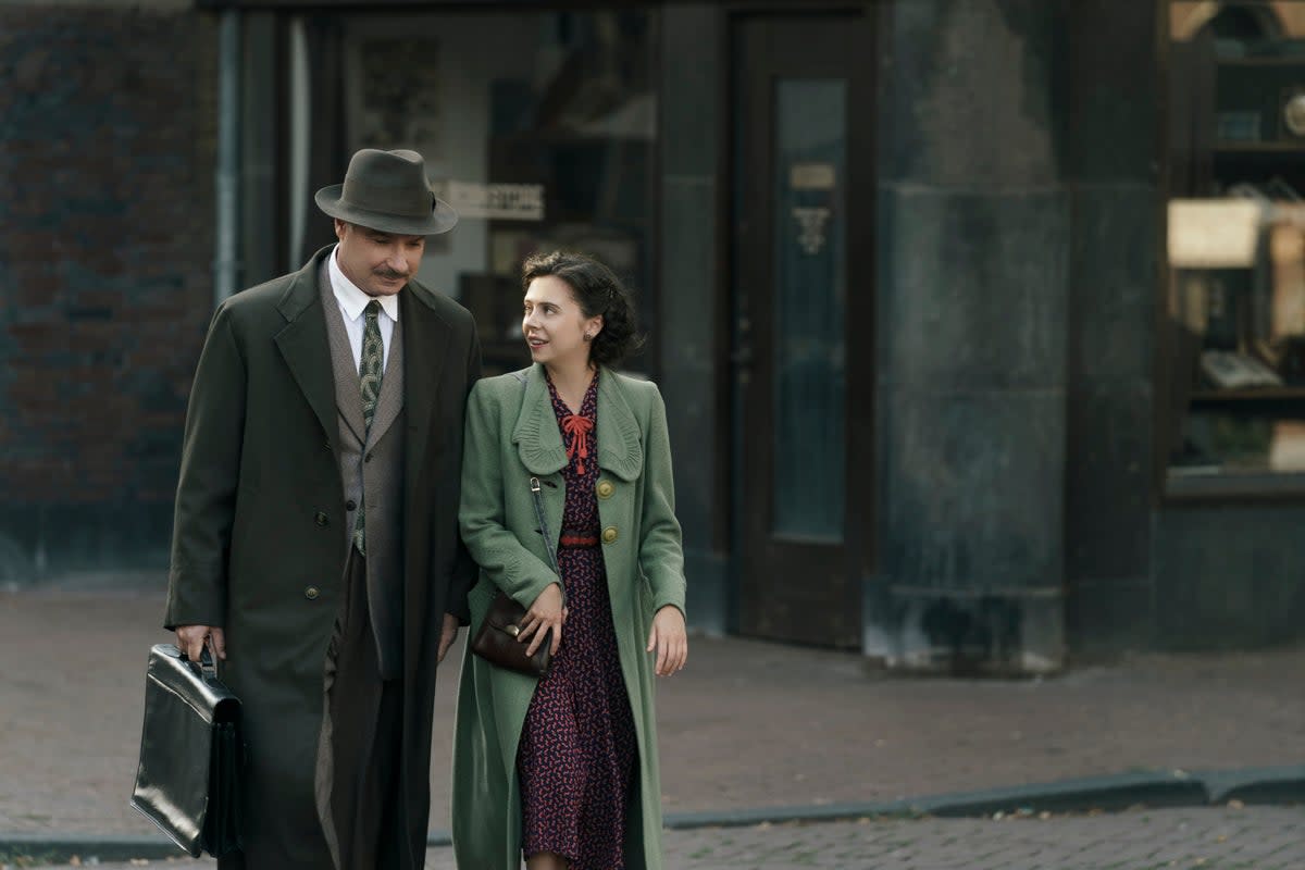 Liev Schreiber and Bel Powley as Otto Frank and Miep Gies in A Small Light (National Geographic for Disney/Dusan Martincek)