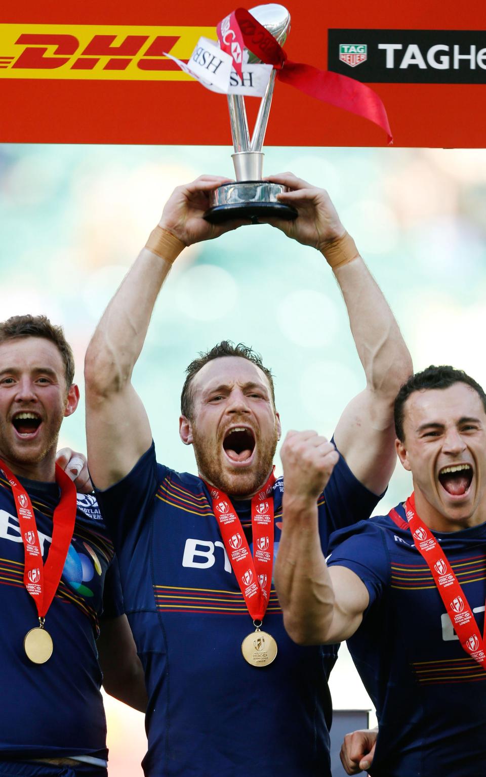 Scotland celebrate winning the London Sevens on Sunday - Credit: PA