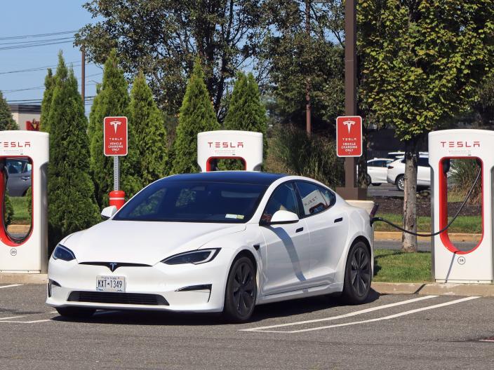 A Tesla Model S at a charging station in New York.